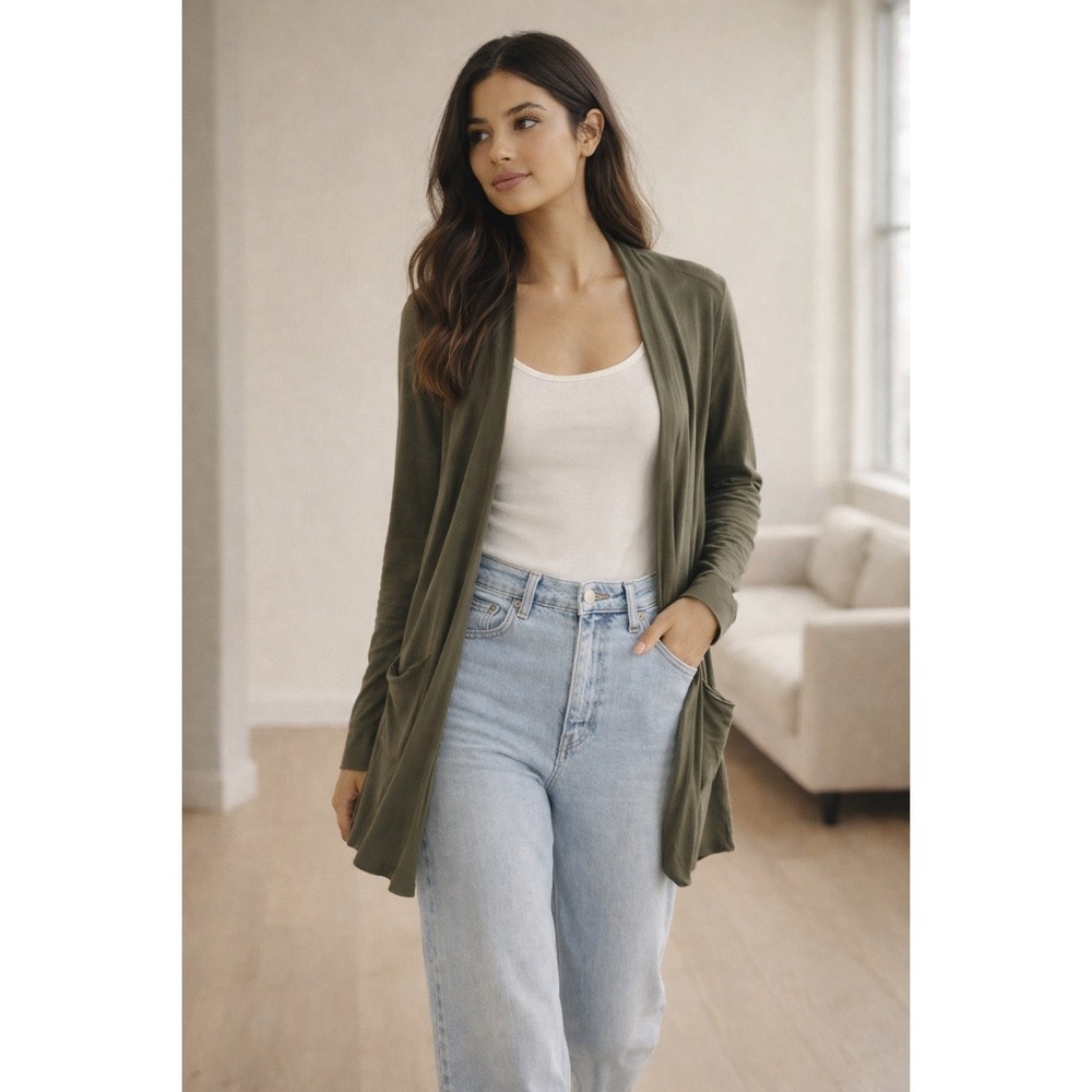 Saturday Sunday Anthropologie Olive Green Open Front Cardigan Sweater Pockets M